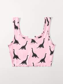 SHEIN EZwear Notch Neck Lettuce Edge Dinosaur Print Tank Top - Baby Pink - View 2