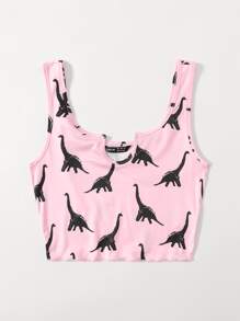 SHEIN EZwear Notch Neck Lettuce Edge Dinosaur Print Tank Top - Baby Pink - View 3
