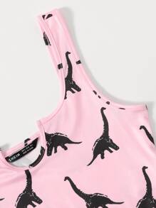 SHEIN EZwear Notch Neck Lettuce Edge Dinosaur Print Tank Top - Baby Pink - View 4