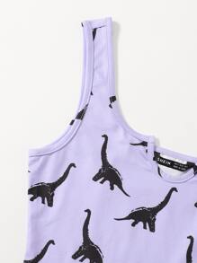 SHEIN EZwear Notch Neck Lettuce Edge Dinosaur Print Tank Top - Lilac Purple - View 4