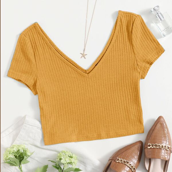 

Double V-Neck Rib-knit Top, Mustard yellow