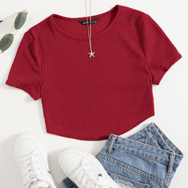 

Solid Rib-knit Tee, Burgundy