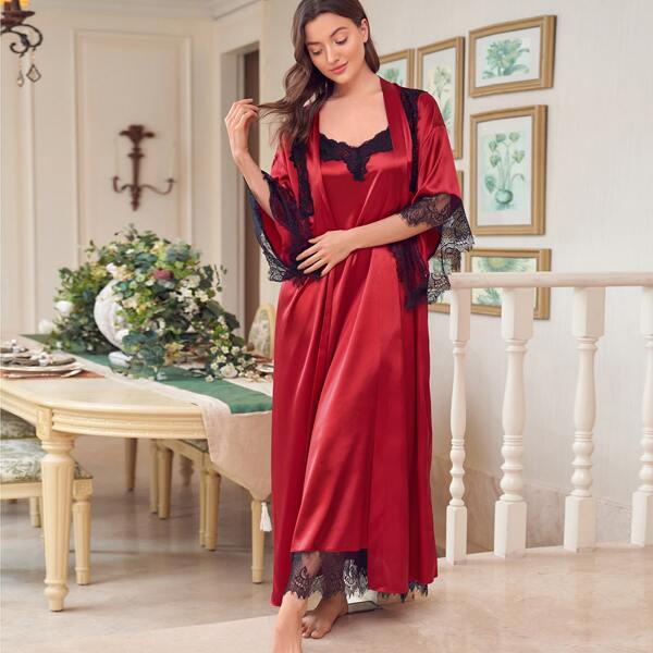 

Lace Trim Slip Nightdress & Robe Set, Red