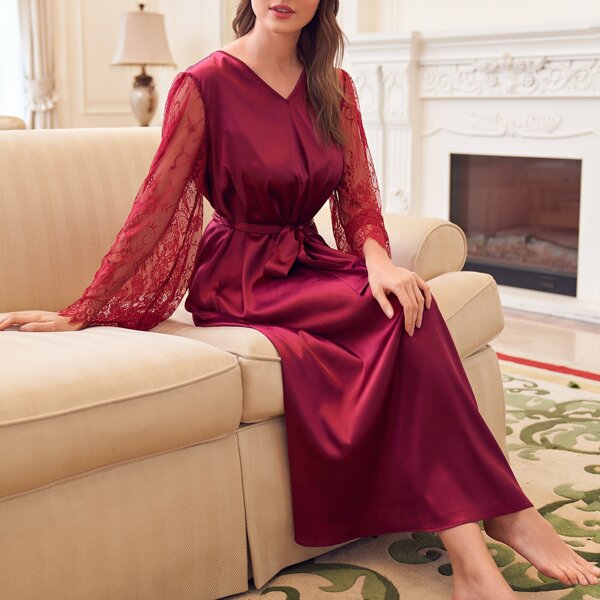 

V-neck Eyelash Lace Sleeve Self Belted Satin Nightdress, Burgundy