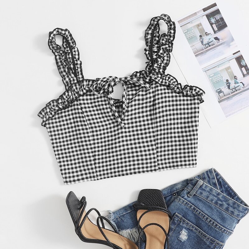 

Gingham Frill Trim Cami Top, Black and white