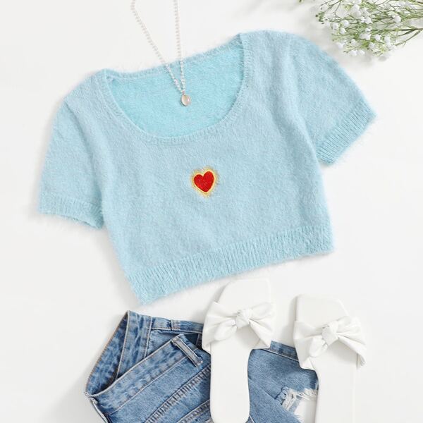 

Heart Embroidery Fuzzy Knit Top, Baby blue
