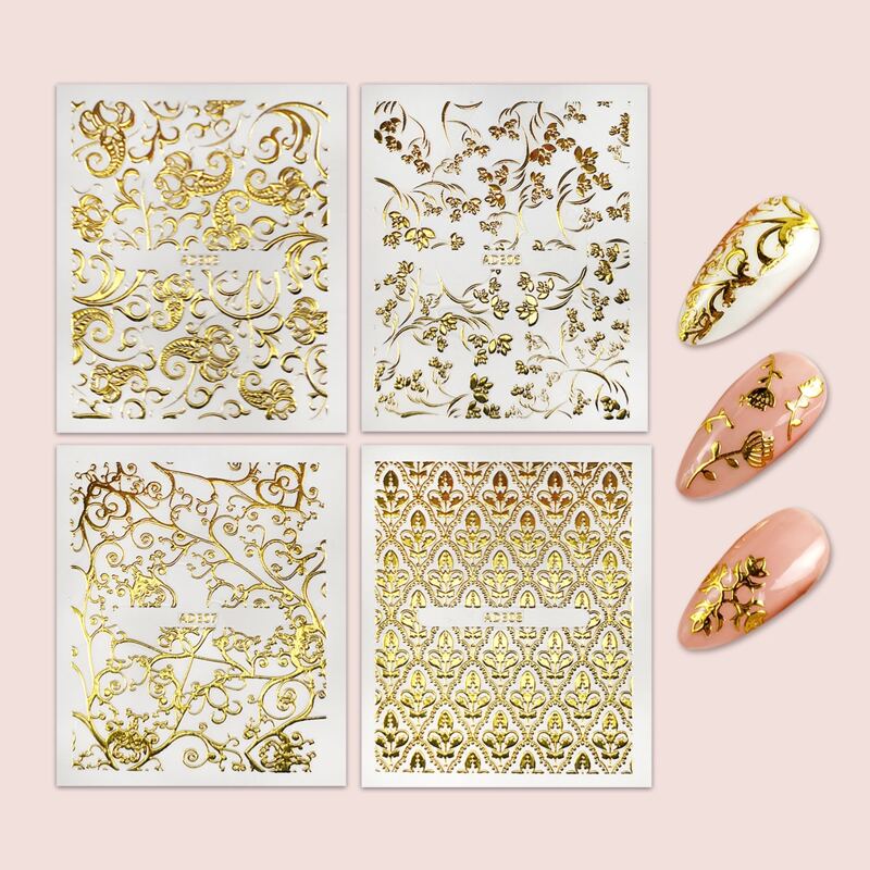 

4sheets Flower Pattern Textured Nail Art Sticker, Gold