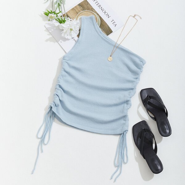 

One Shoulder Drawstring Side Knit Top, Baby blue