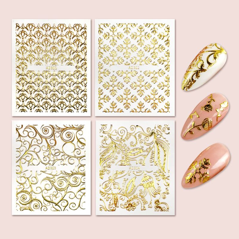 

4sheets Flower Pattern Textured Nail Art Sticker, Gold