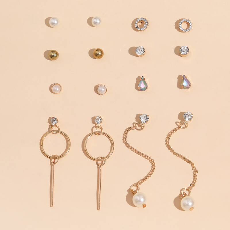

8pairs Faux Pearl & Rhinestone Earrings, Gold