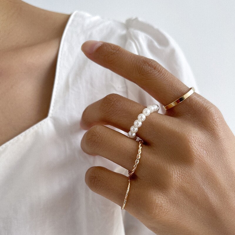 

4pcs Faux Pearl & Twist Design Ring, Gold