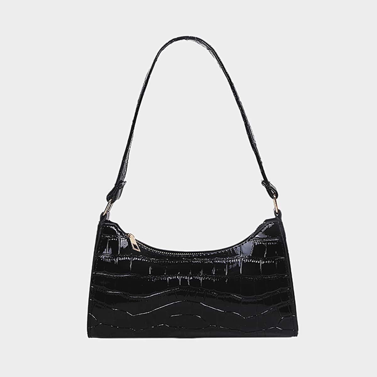 

Croc Embossed Baguette Bag, Black