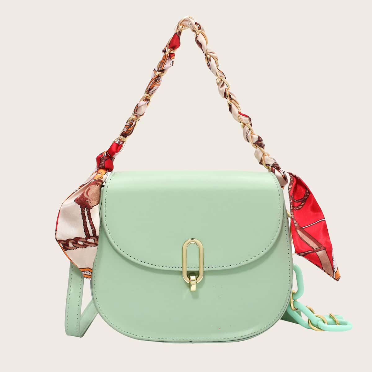 

Twilly Scarf Decor Chain Satchel Bag, Mint green