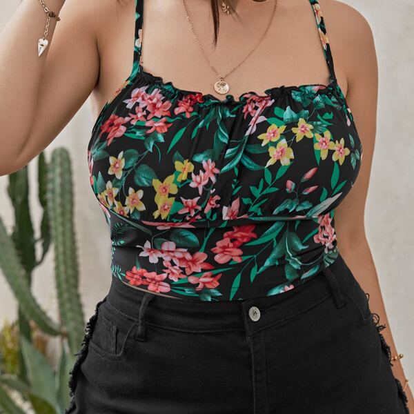 

Plus Floral Print Criss Cross Back Cami Top, Multicolor