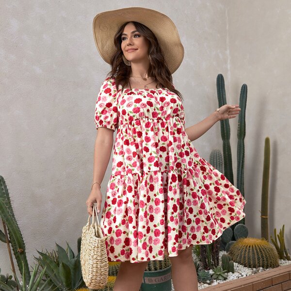 

Plus All Over Floral Square Neck Swing Dress, Multicolor
