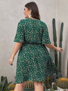 SHEIN VCAY 大碼小碎花交叉領蝴蝶袖A字型連衣裙 - 墨綠色 - 查看 2