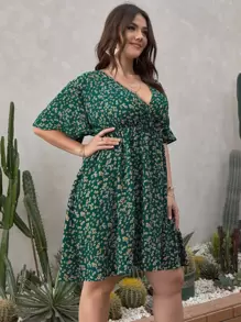 SHEIN VCAY 大碼小碎花交叉領蝴蝶袖A字型連衣裙 - 墨綠色 - 查看 4