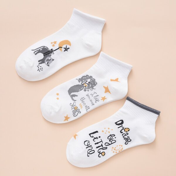 

3pairs Cartoon Graphic Socks, White