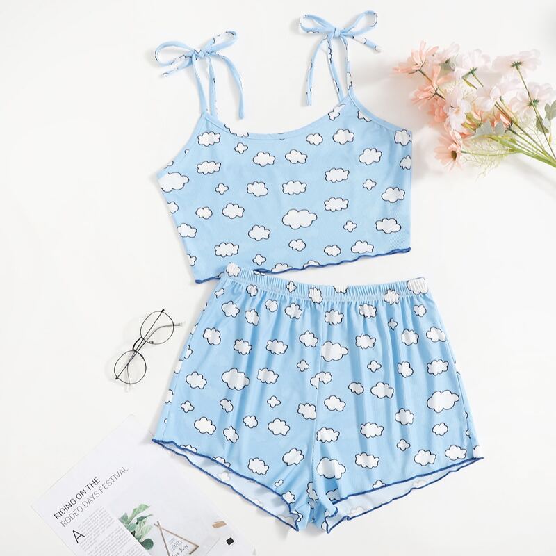 

Allover Cloud Print Knot Shoulder Cami PJ Set, Baby blue