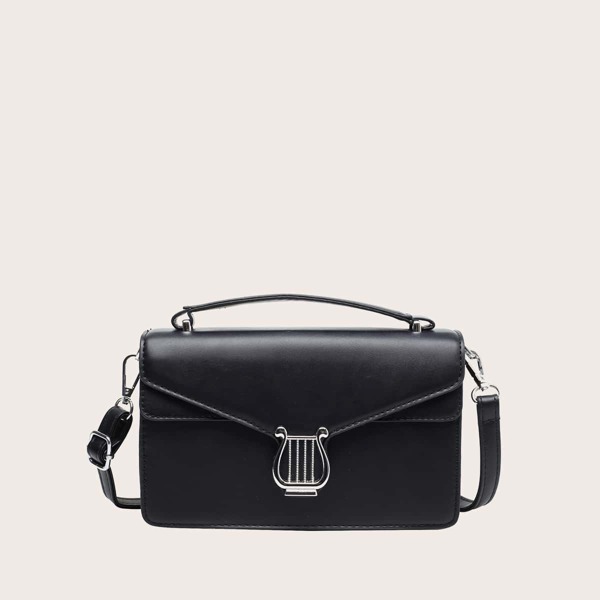 

Metal Lock Flap Satchel Bag, Black