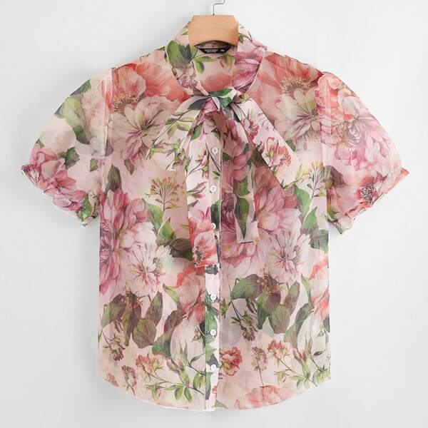 

Plus Organza Allover Floral Tie Neck Blouse, Multicolor
