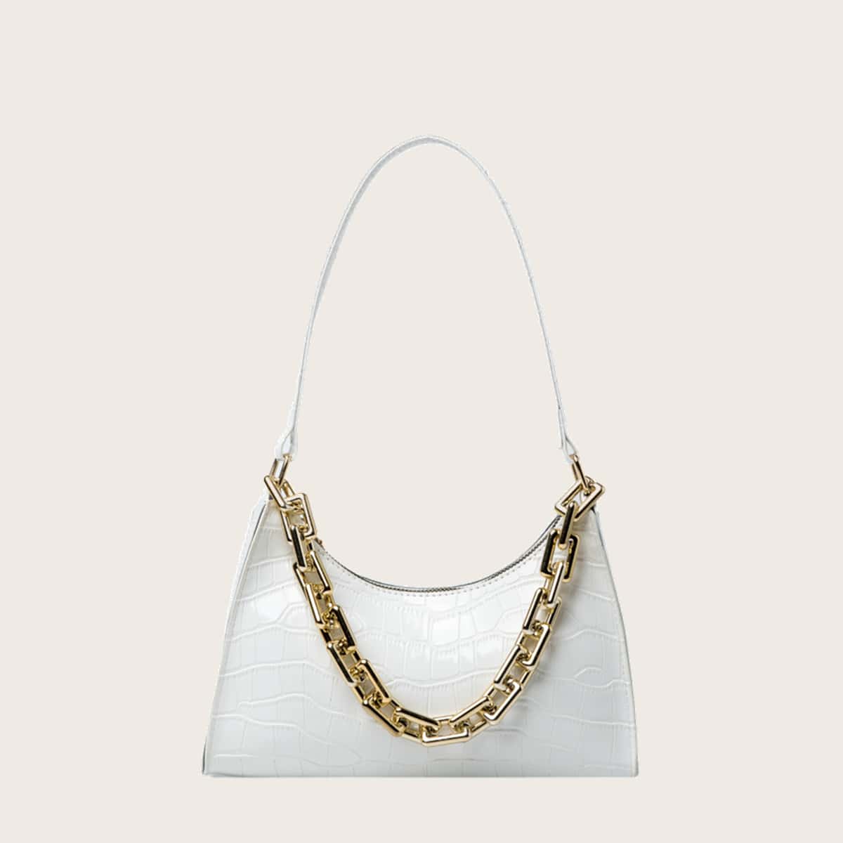 

Croc Embossed Chain Baguette Bag, White