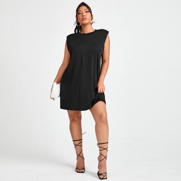 

Plus Solid Shoulder Pad Tank Dress, Black