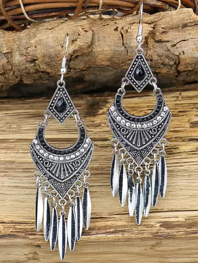 TopHanqi 1pair Vintage Style Silver-tone Metal Tassel Earrings With Geometric Design & Rhinestone Decor For Women, Suitable For All Seasons, Daily Wear, Work, Stage Performance, Street Snap, Dress Up Accessory