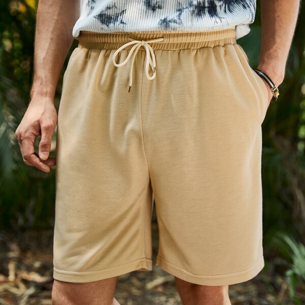 

Men Solid Drawstring Waist Shorts, Khaki
