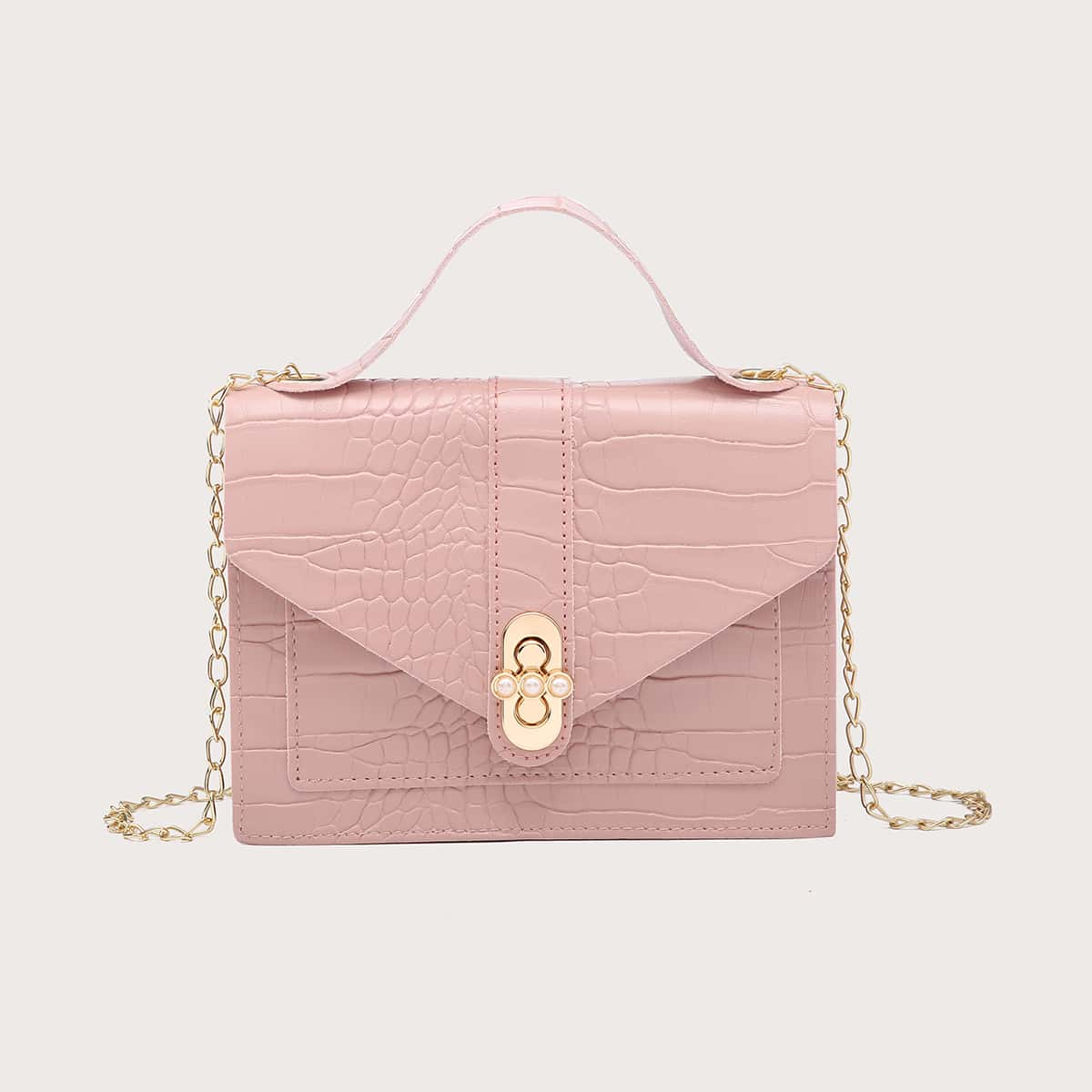 

Faux Pearl Decor Croc Embossed Satchel Bag, Baby pink