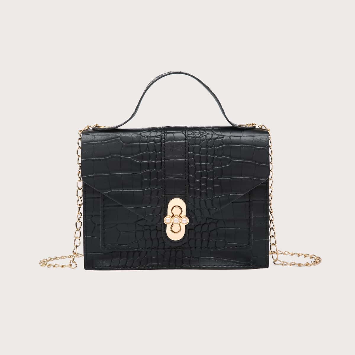 

Faux Pearl Decor Croc Embossed Satchel Bag, Black