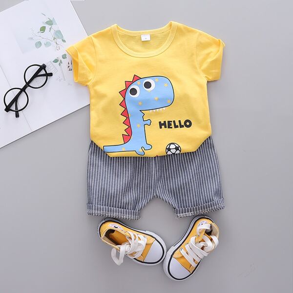 

Toddler Boys Cartoon And Letter Graphic Tee & Striped Shorts, Multicolor