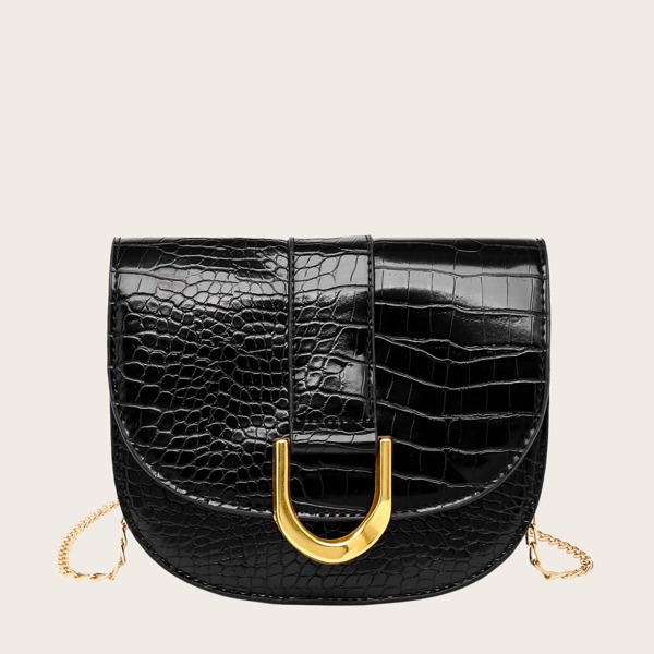 

Croc Embossed Saddle Bag, Black