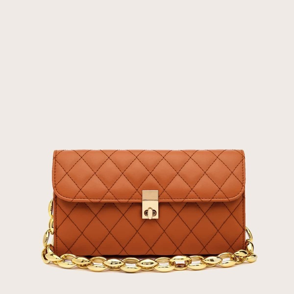 

Quilted Chain Baguette Bag, Brown
