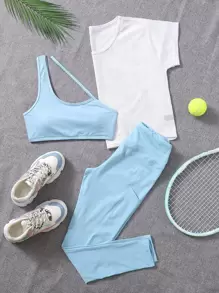 Easithlete 3 件套健身运动套装不对称领口运动胸罩和网眼 T 恤和紧身裤，带手机口袋健身服，女士网球服健身女士套装女士紧身裤套装 - 藍白色 - 查看 1