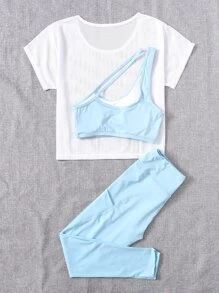 Easithlete 3 件套健身运动套装不对称领口运动胸罩和网眼 T 恤和紧身裤，带手机口袋健身服，女士网球服健身女士套装女士紧身裤套装 - 藍白色 - 查看 2