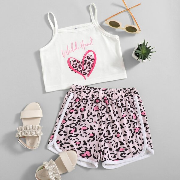 

Toddler Girls Letter & Heart Cami Top & Leopard Track Shorts, Multicolor