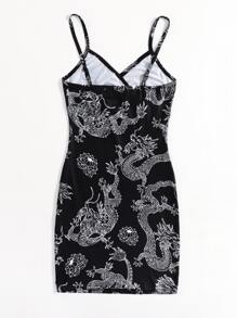 Muchica 交叉領東方龍圖案連衣裙 - 黑與白 - 查看 2