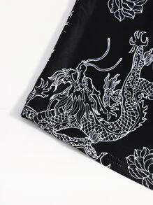 Muchica 交叉領東方龍圖案連衣裙 - 黑與白 - 查看 3