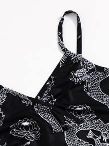 Muchica 交叉領東方龍圖案連衣裙 - 黑與白 - 查看 5