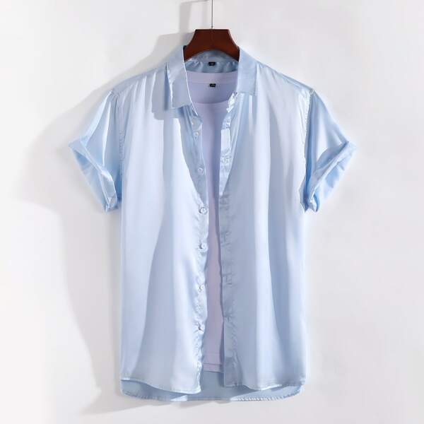 

Men Satin Button Up Solid Shirt, Baby blue
