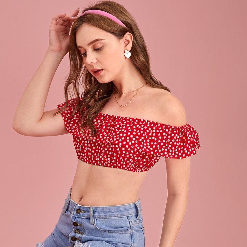 

Ditsy Floral Ruffle Crop Top, Red and white