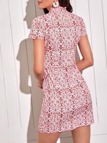 Allover Print Mandarin Collar Split Dress - Red and White - View 2