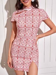 Allover Print Mandarin Collar Split Dress - Red and White - View 4