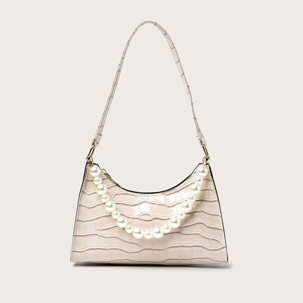 

Faux Pearl Decor Croc Embossed Shoulder Bag, Beige