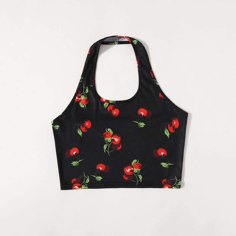 

Cherry Print Halter Crop Top, Multicolor