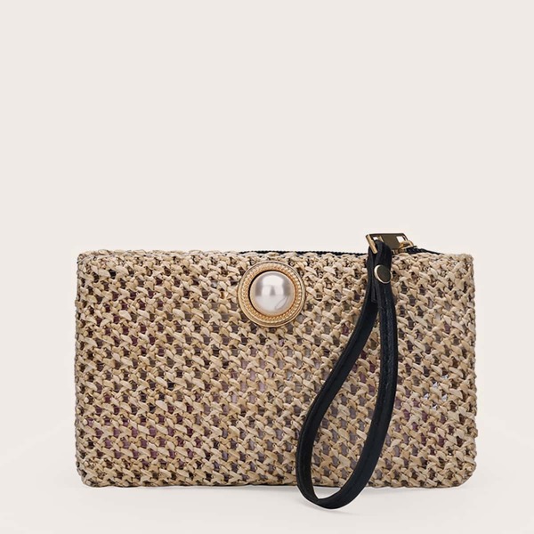 

Faux Pearl Decor Woven Clutch Bag, Beige