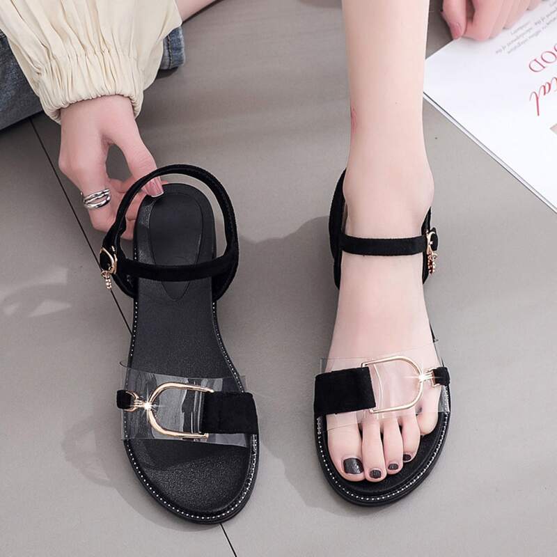 

Ring Linked Clear Ankle Strap Sandals, Black