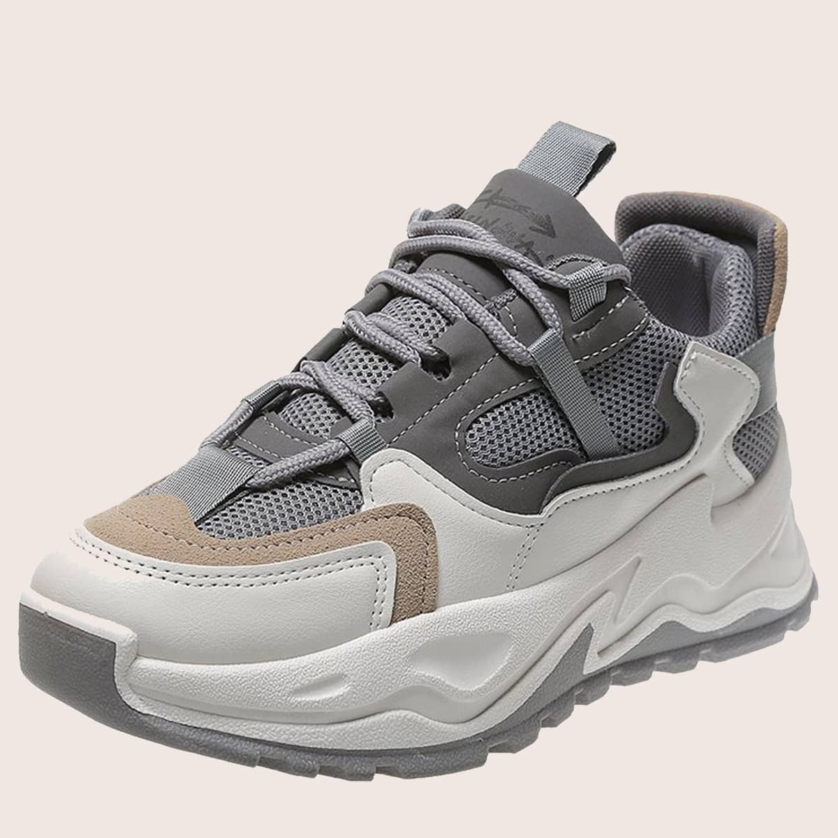 

Colorblock Lace-up Mesh Chunky Sneakers, Grey