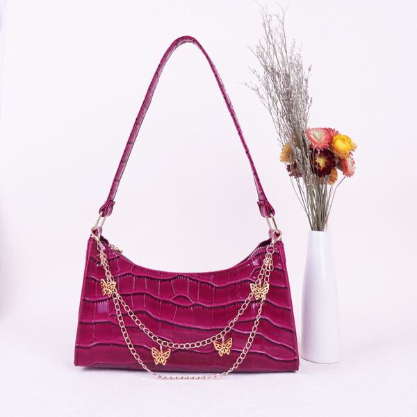 

Chain Decor Croc Embossed Shoulder Bag, Purple